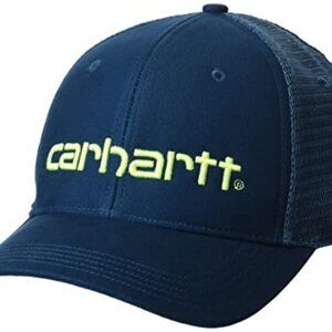 Carhartt Canvas Logo Graphic Mesh Snap Back Trucker Hat in Night Blue